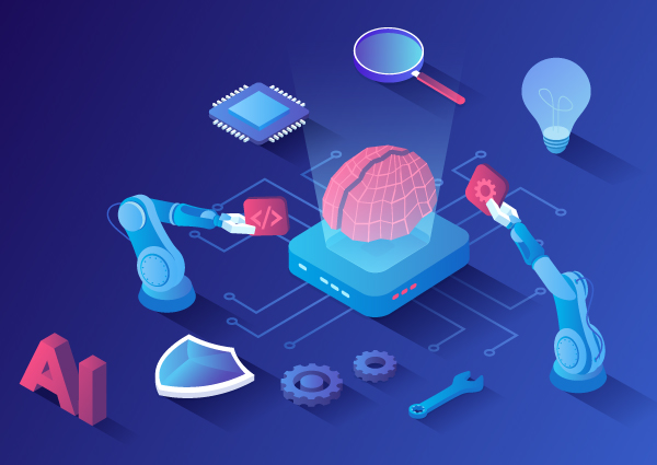 Ilustración: brazos de laboratorio unen conocimiento a un gran cerebro.