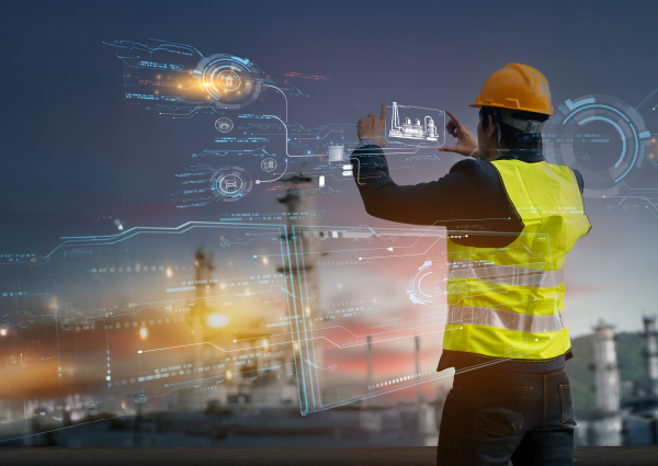 Trabajador de la construcción utilizando herramientas digitales