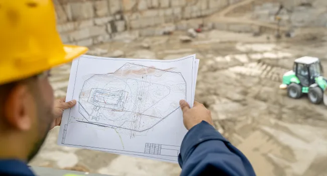 Una persona mirando los planos en una mina. Referencia a la carrera de Ingeniería en Geomensura de Iplacex