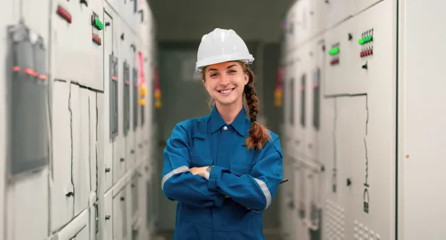 Técnico en Instalaciones Eléctricas Domiciliarias e Industriales en una sala con tableros eléctricos.