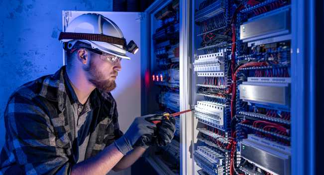 Ingeniero en Ejecución en Electricidad observando y trabajando en mantenimiento de servidores.